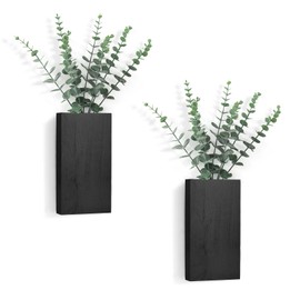 Dahey 2 Pack Wood Wall Planter Vase with Artificial Eucalyptus Farmhouse Wall Hanging Decor Pocket Planter for Indoor Fake Plants Greenery, Living Room Bedroom Kitchen Home Office Decoration, Black
