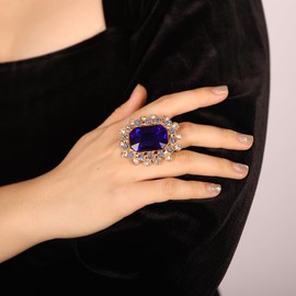 Jumwrit Boho Big Oval Crystal Ring for Women Statement Antique Open Band Ring Vintage Rhinestone Flower Ring Exaggerated Prom Party Cocktail Accessories for Wedding Brides (Blue)