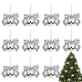 12 Pcs Mirror Disco Balls,Mini Disco Balls with Ribbon Bow for Christmas Tree Decor,Newest Christmas Hanging Ornaments for Xmas Holidays Party New Year Wedding Decor(Silver)