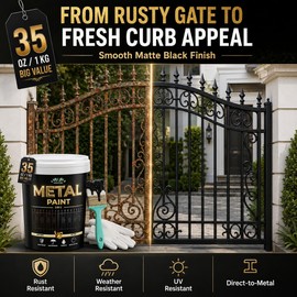 Meuvcol Metal Paint, 35 Fl oz Rust Preventive & Weatherproof Protective Coating, Black Paint for Metal Surfaces, Water-Based Matte Interior/Exterior Paint for Railings, Fences, Gates & Furniture