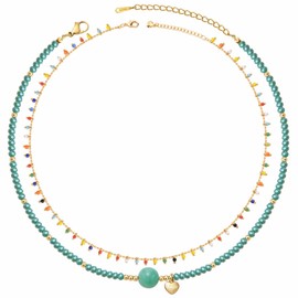 MPRAINBOW Boho Colorful Beaded Choker Necklaces - 2pcs Summer Layered Chokers Necklace Women Beach Surfer Trendy Jewelry Gifts,Hawaiian Rainbow Flower Bead Necklace Chain for Her Friend