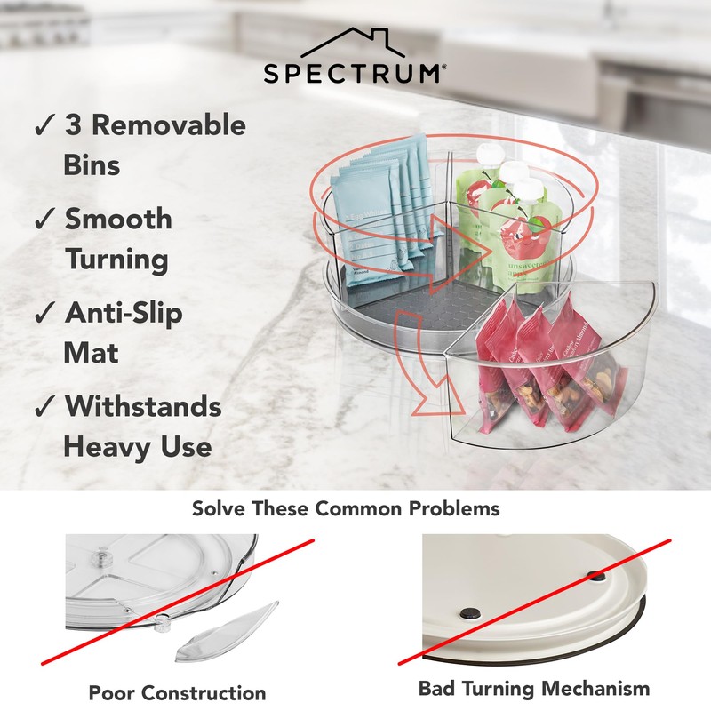 Spectrum Lazy Susan Organizer, Hexa 3 Divider with Removable Bins