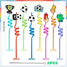 Football Decoration Birthday Children, Pack of 16 Football Children's Straws with 2 Cleaning Brushes, Reusable Straws, Curly Party Straws, Children's Birthday Decoration Party Supplies