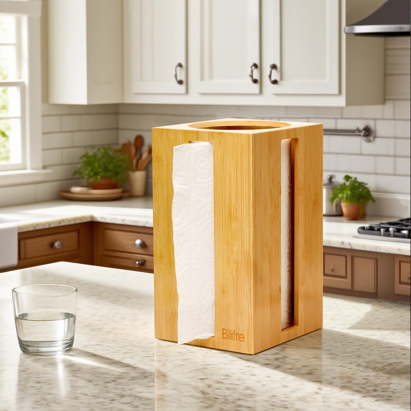 Bilifre Bamboo Paper Towel Holder with Hooks – One-Hand Tear,