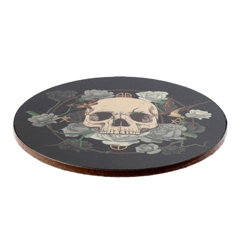 4 Glass Drinks Cork Coasters with Skull and Roses Motif