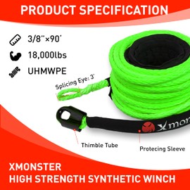 X MONSTER HMPE Synthetic Winch Rope 3/8" x 90' with Black Protecing Sleeve for UTV/ATV Winch 18,000 lbs, Green
