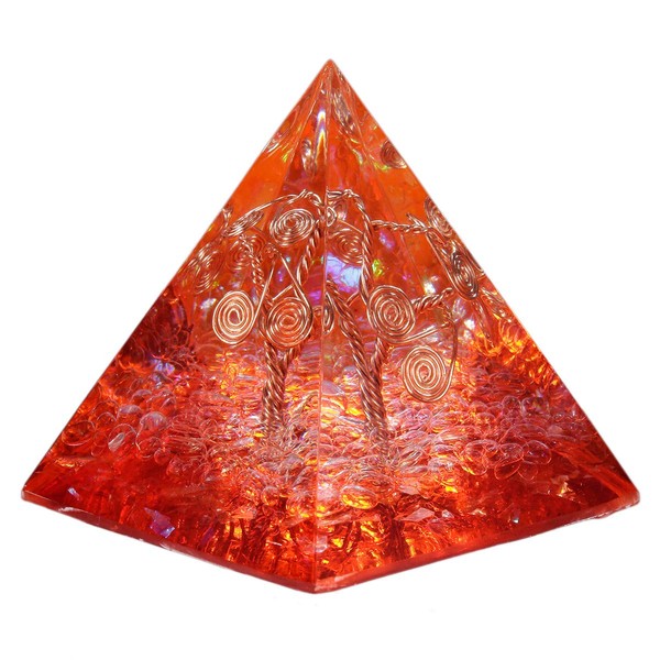mookaitedecor Bergkristall Heilkristall Quarz Baum des Lebens Pyramide mit Orange Farbe, Baumform Reiki Symbol Positive Energiepyramide für EMF Schutz Meditation/Yoga/Heilchakra/Wohnkultur 50mm