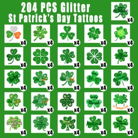 Partywind 204 PCS Glitter Shamrock Tattoos for St Patrick's Day, Individually Wrapped Cut Tattoo Stickers for Saint Patrick's Day Decorations Party Supplies, Irish Clover Accessories for Kids Adults