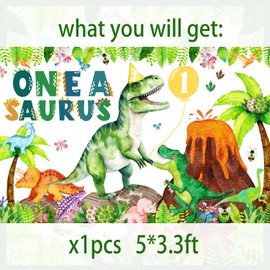 One a Saurus Birthday Decorations Dinosaur 1st Bday Party Backdrop Banner Jungle Leaves T-rex Dino Bday Photography Background Dino First Bday Party Supplies (Green Dino 1st)