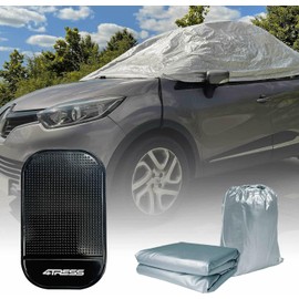 Simply Car Half Cover for Medium Cars Water-Resistant Car Top Cover for Winter with Elasticated Secure Fit - Protection Against Frost, Tree Sap & Dust - Grey with 4Tress Non Slip Car Dash Mat