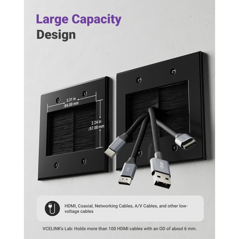 VCELINK 2 Gang Brush Wall Plate (Black, 2 Pack), Cable
