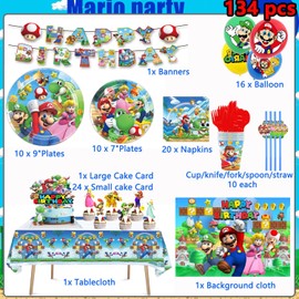 Super Bros Themed Party Decorations, Birthday Party Supplies Decorations Set-Plates Napkins Tablecloth Banners Fork etc for 10 Guests Kids Birthday (Set C)