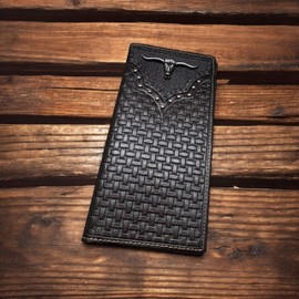 Urbalabs Mens Long Wallet Basketweave Tooled Leather Longhorn Concho Studded Checkbook Style Cowboy Hand Crafted High End Mens Wallets Leather Gifts For Men (Coffee)