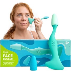Rad- Rodillo facial: rodillo de jade 2 en 1 y herramienta Gua Sha, mango de silicona, cuidado de la piel, terapia de masaje con rodillos y raspadores