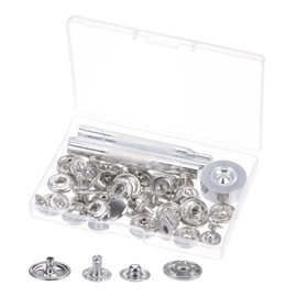sourcing map 12 Sets Snap Fasteners Kit 3/5 Inch 15mm Metal Press Studs Buttons Tool with 4 Setter Tools & Storage Box for Clothing Leather Sewing, Silver Tone