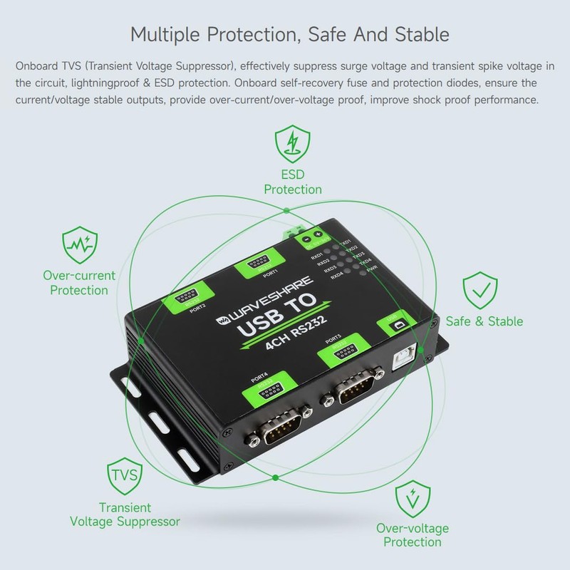 Waveshare Industrial Isolated USB to 4CH RS232 Converter (DB9 Male