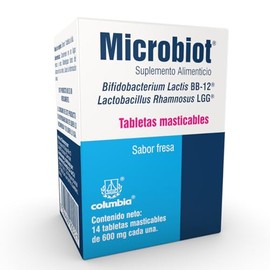 Microbiot Tabletas Masticables, 3.2 billones de probióticos Lactobacillus rhamnosus LGG y Bifidobacterium lactis BB-12, 14 tabletas sabor fresa