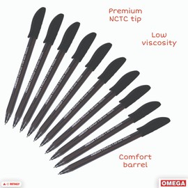 OMEGA Triad Tint Ballpoint Pens, BLACK, Medium Point (1.0 mm), Pack of 10, Triangular Grip, Smooth Ball Pens, Perfect for School Office Home Everyday Use