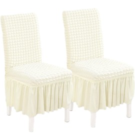 Fhberni Elastic Dining Chair Covers 2 Pack - Stretch Washable Chair Slipcovers with Skirt Universal Fit for Home, Party for Kitchen, Holiday Decor (Ivory, 2 Pack)