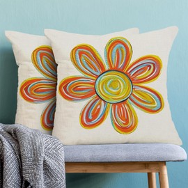 BETGINY Summer Outdoor Floral Pillow Covers 20x20 Inch 2 Pcs,Mustard Yellow Colorful Flower Decorative Throw Pillows,Holiday Farmhouse Decor Pillowcase Linen Cushion Cover for Home Couch Sofa