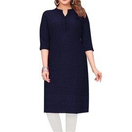 ladyline Rayon Chikhan Embroidered Kurti for Womens Tunic Top Indian Kurta Sweet Heart Neck, Navy-blue (T), 38