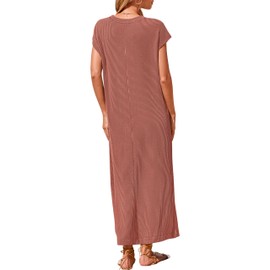 KIRUNDO Womens Summer Dresses Ribbed Knit Henley Short Sleeve Maxi Dress Button Up Loose Slit Beach Vacation Sundress(Brick Red, Small)