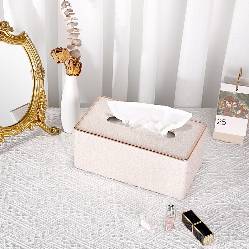 BTSKY Household Rectangular Linen Tissue Box with Decorative Gold Line