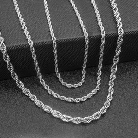 JSEA 3 4mm Stainless Steel Chain Silver Tone Twist Rope Necklace Chain 20 24 28 inch (18, 4mm)