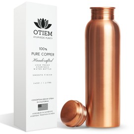Otiem - Botella de agua de cobre puro de 34 onzas para beber, botella de agua de cobre ayurvédico hecha a mano, tapa a prueba de fugas, recipiente de agua de cobre con acabado suave, botella de agua