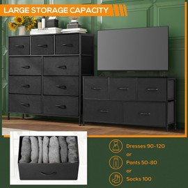 Dresser for Bedroom with 9 Drawers, Anti-Tip Tall Fabric Chests Storage Organizer Tower Furniture with Wooden Top Metal Frame for Clothes, Closet, Living Room, Hallway, Entryway