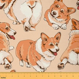 Cute Corgi Dog Upholstery Fabric by The Yard,Kawaii Dachshund Decorative Fabric for Upholstery and Home DIY Projects, Cartoon Pet Puppy Dog Waterproof Outdoor Fabric, 1 Yard, Orange
