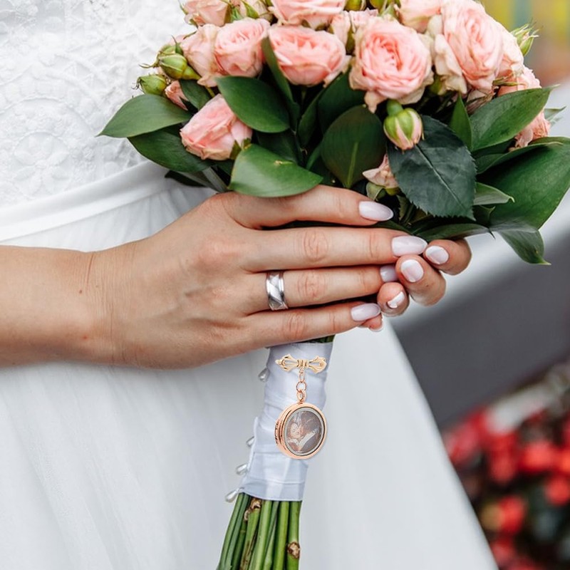 SUPERFINDINGS 2Pcs Bowknot Bouquet Photo Locket Charms Alloy Bridal Brooches