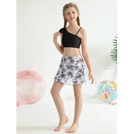 Naiyafly Girls 3 Piece Swimsuits Ruffle Sleeve Bikini Set with Tropical Cover Up Skirts High Waist Bathing Suit Bikini Tops Pants Summer Holiday Beachwear for Kids Teen 9-16 Years Black