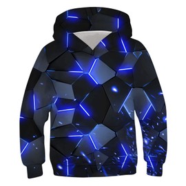 Enlifety Kids Hoodies Boys 3D Black Light Sweatshirts Novelty Pullover Blue Hoodie Cool Geometry Hoody Jumper for Daughter Son 8-11 Years