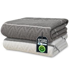 Towelogy Extra Large Tea Towels For Kitchen 100% Cotton – Grey White Dish Cloths for Dish Drying & Household Cleaning (2, Grey White)