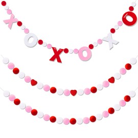 Valentine's Day Garland - XOXO Valentine's Garland Heart Felt Garland,XOXO Banner Felt Ball Garland Valentine's Decorations for Mantle Fireplace Walls Room/Multi Color