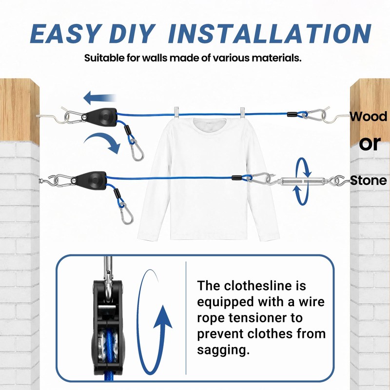 40FT Outdoor Clothesline Wire Rope System, Adjustable Steel Laundry Line