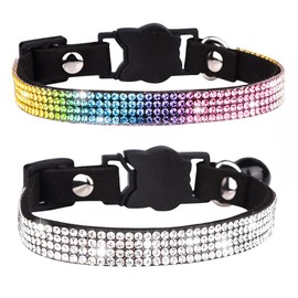 Black Diamond Kitten Collar with Bells, 2-Pack Breakaway Cat Collars with Rhinestone, Pretty Fancy Sparkly Bling Girl Puppy Collar for XXS XS Tiny Female Dogs, XXSmall