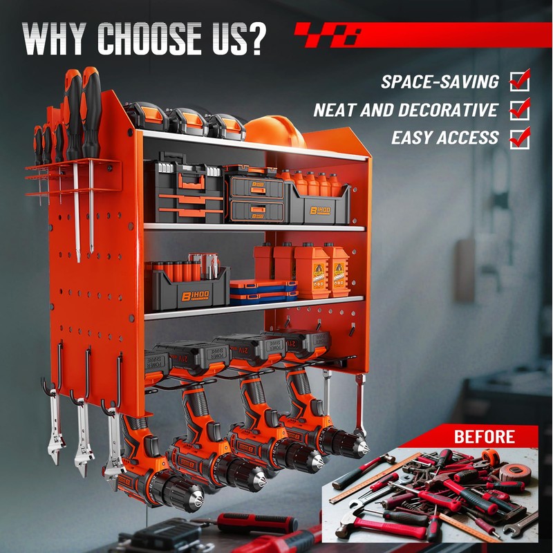 BIHOO Power Tool Organizer Wall Mount, Garage Tool Organizer with