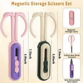 TOHONGADON 2 Pack 2 in 1 Multipurpose Office Scissors Safety Cutter Utility Knife with Magnetic Box, 7.3 Inch Teflon Non-Stick Scissors, Stainless Steel Shears for Office Home School and Art Supplies