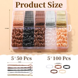 YGDZ 750PCS Bobby Pins for Women, 250PCS 2Inch Hair Pins for Brown Hair, Black, Blonde Hair, 500PCS Elastic Hair Ties Neutral Colors, Bobby Pins Set with Box, Hair Accessories for Women, Girls