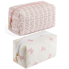 HHQQWZ Makeup Bag Travel Cosmetic Bag for Women Girls, Zipper Make Up Pouch, Floral Flowers Toiletry Organizer Makeup, Portable Storage Cosmetic Travel Cloth Bag (Pink+Pink Bow Tie)