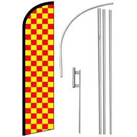 Windless, Swooper, Feather Flag CHECKERED RED & YELLOW, Pole & Ground Spike