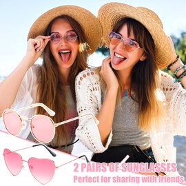 Pack of 2 Glasses Retro Hippie Retro Metal Frame Heart Shape Glasses Pink Round Hippie Costume Sunglasses for Hippie Costume Party Everyday Photo Props