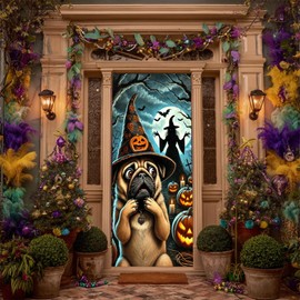 Halloween Dog Door Banner 35.43 x 70.87 Inch Pug in Witch Hat Pumpkin Lantern Full Moon Spooky Entrance Decoration for Party Home Doorway