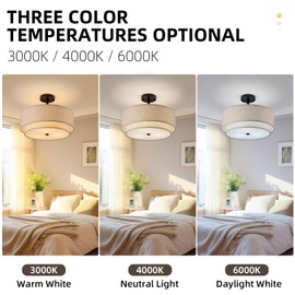 Aufrichting Drum Semi Flush Mount Ceiling Light, 16 inch 3 Lights Ceiling Light Fixture with 2-Layer Fabric Shade, Black Farmhouse Drum Ceiling Lighting for Bedroom Hallyway Dining Room Kitchen