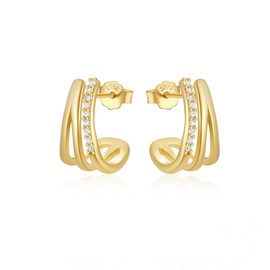 SAINT RAPHAËL Gold Triple Hoop Huggie Earrings for Women, 18k Gold Plated 925 Sterling Silver Hypoallergenic Crystal Small Hoop Earrings (Gold)