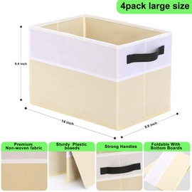 Wrrlors Storage Boxes [4 Pack], Foldable Storage Baskets, Fabric Closet Organizers and Home Organizers with Handles for Books, Wardrobes, Clothes, Toys (White and Beige)