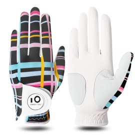 FINGER TEN Golf Gloves Women's Leather Left Right Hand Golf Glove Golf Gloves with Ball Marker Value 1 Piece Glove, Rain Grip Grip Left Right Golfer (Colour Grid, M, Left)