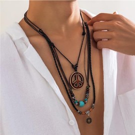 Peace Sign Pendant Necklace Layered Boho Puka Shell Necklace Brown Coconut Wood Beads Western Necklace For Women Men Summer Surfer Beach Jewelry 1960s 1970s Hippie Party Accessories Necklaces (Peace)